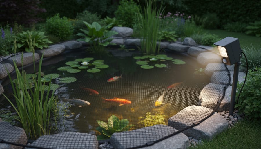 Wildlife netting over a backyard pond with a motion-activated light sensor near the pond edge.