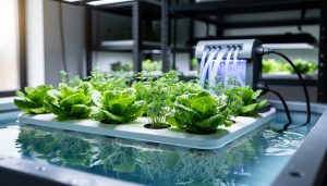 Hydroponic raft tray with green lettuce and herb seedlings floating on nutrient solution, with tubing and a water pump softly visible in the background.