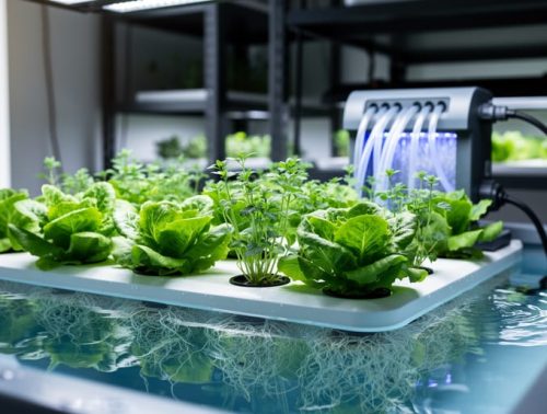 Hydroponic raft tray with green lettuce and herb seedlings floating on nutrient solution, with tubing and a water pump softly visible in the background.