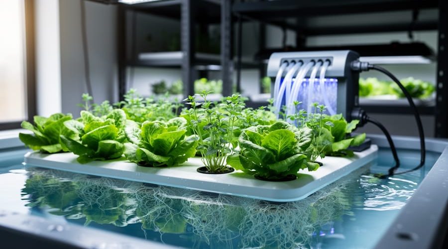 Hydroponic raft tray with green lettuce and herb seedlings floating on nutrient solution, with tubing and a water pump softly visible in the background.