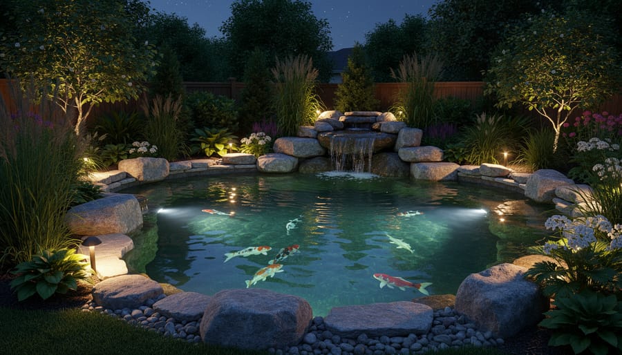 Warm underwater lights illuminating plants and a subtle waterfall in an elegant pond at night