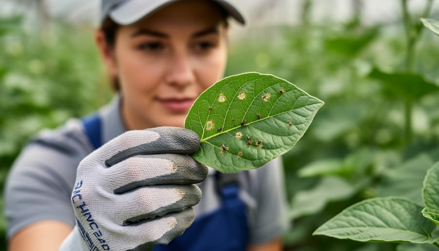 Gardener inspecting the underside of a basil leaf above an aquaponic grow bed