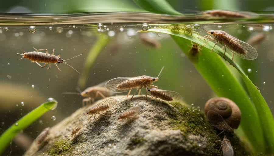 Close-up view of aquatic insects and dragonfly nymphs among submerged pond plants