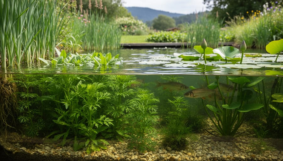 Water lilies and submerged aquatic plants growing in a pond