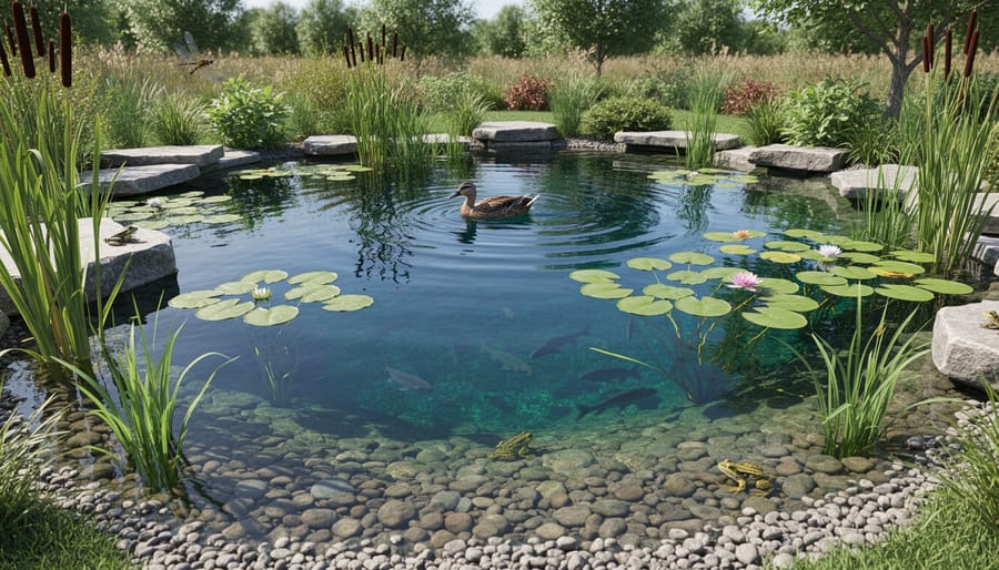 Backyard pond shoreline showing shallow muddy margin and planted habitat areas