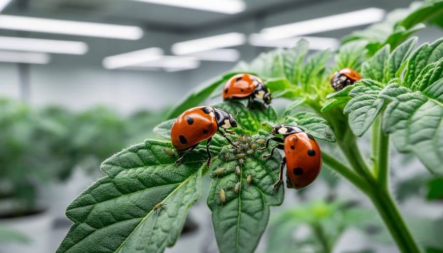 Close-up of a ladybug on a kale leaf in an aquaponic grow bed