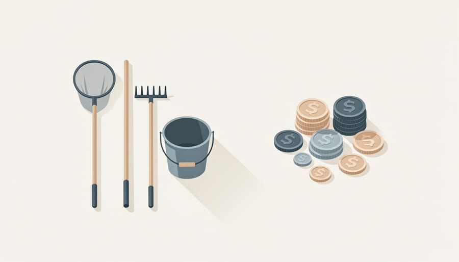 Gardener’s hands placing coins near pond tools on a wooden table