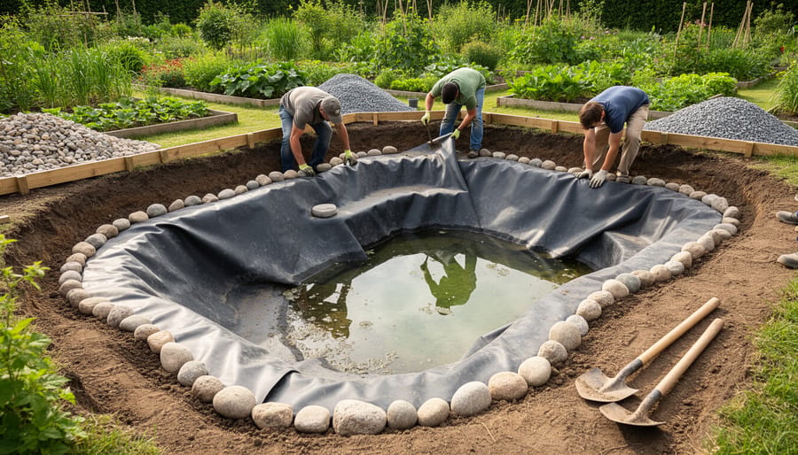 Builder smoothing an EPDM pond liner during excavation for an organic pond.