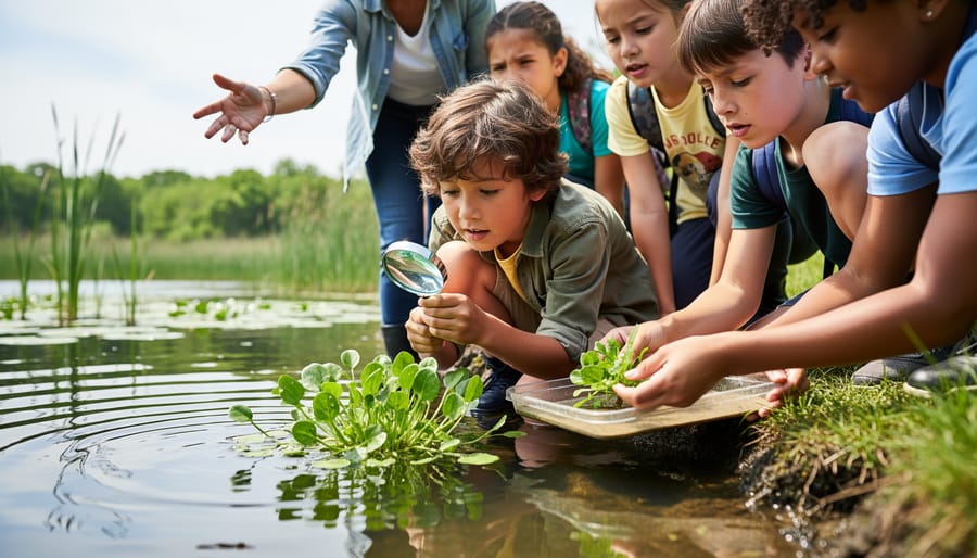 Adult and children observing edible aquatic plants at the edge of a pond in an outdoor teaching garden.