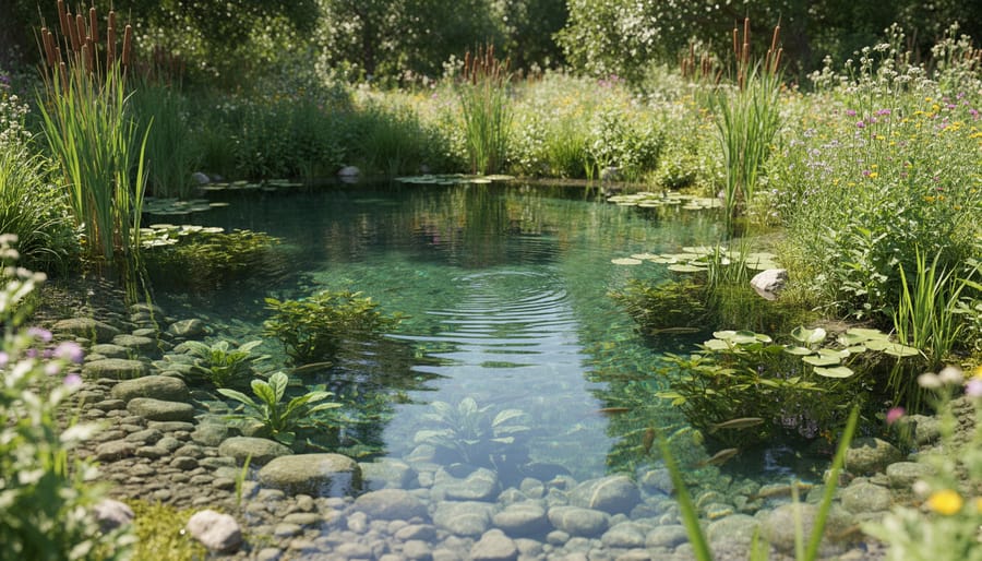 Clear organic pond with native plants along the edges and a natural-looking shoreline.