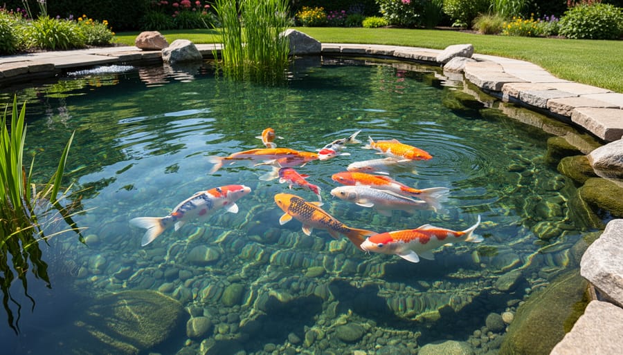 Koi fish swimming in a clear pond with rocks visible beneath the water surface