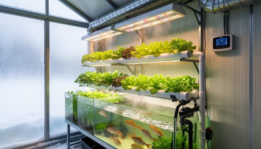 Indoor aquaponics setup with insulated walls and warm heating near grow beds and water tanks