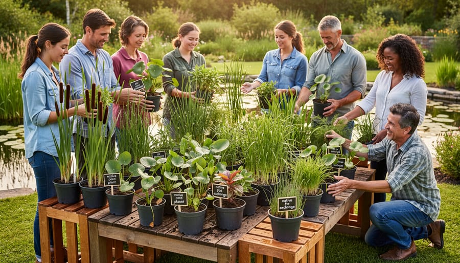 Outdoor plant swap table with potted native aquatic and marginal plants and gardeners in the background