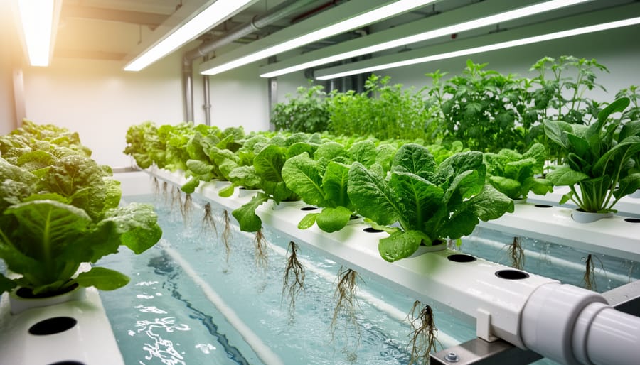 Leafy green basil growing in a small hydroponic system with clear reservoir and net pots