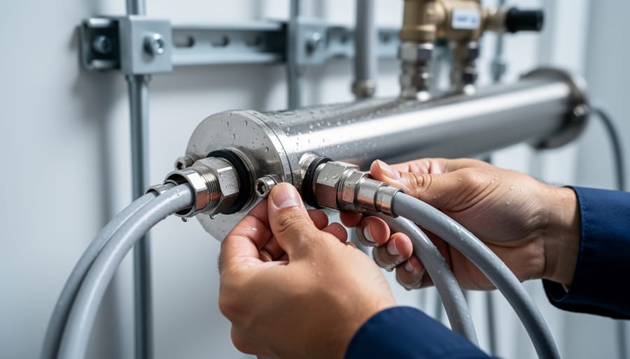 Hands attaching and clamping hoses to a UV pond filter canister during installation.
