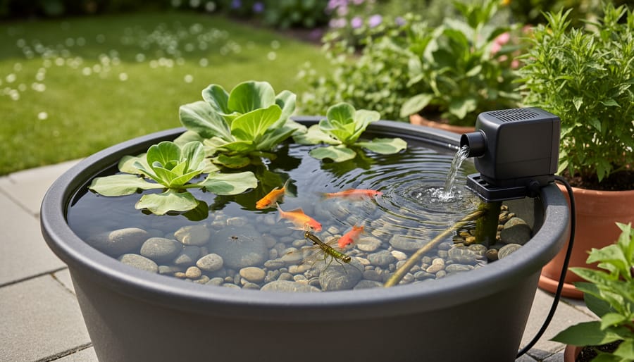 Small container pond with water movement and mosquito fish near aquatic plants