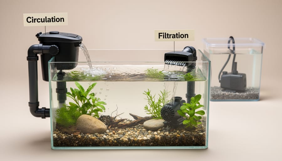Close view of a small stock tank pond with plants and visible water movement from a recirculating pump area.