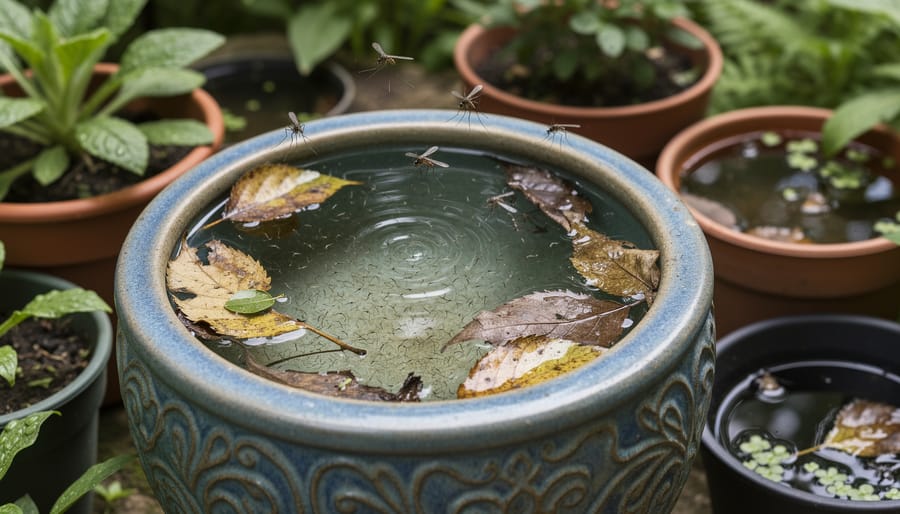 Decorative urn water feature on a patio with standing water and visible mosquito larvae near the surface