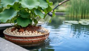 A watering wand slowly deep-waters a pond plant basket, with water lily leaves above clay and gravel that represent the root zone.