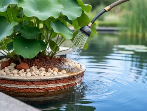 A watering wand slowly deep-waters a pond plant basket, with water lily leaves above clay and gravel that represent the root zone.