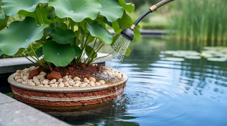 A watering wand slowly deep-waters a pond plant basket, with water lily leaves above clay and gravel that represent the root zone.