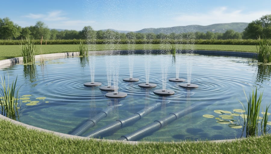 Diffuser aeration equipment being positioned in a farm pond water near a dock