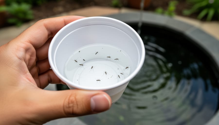White cup dip test showing mosquito larvae in birdbath water