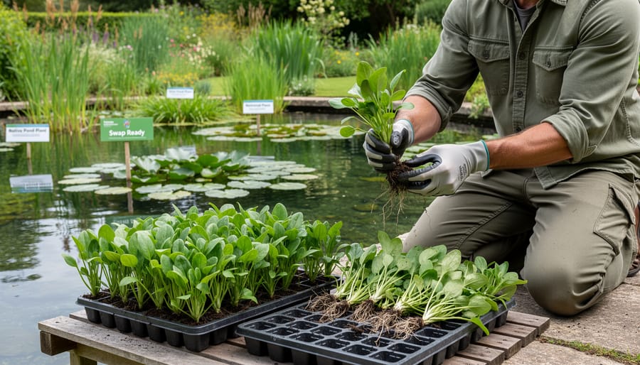 Gloved hands dividing native aquatic plant clumps with visible roots and wet plant material