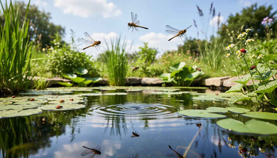 Dragonfly nymph near pond edge among native aquatic plants in clear water.