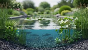 Clear garden pond water with shallow gravel-edged margins and rooted marginal plants, showing healthy water balance and natural filtration habitat.