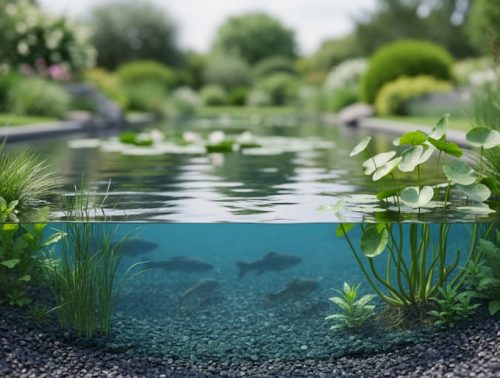 Clear garden pond water with shallow gravel-edged margins and rooted marginal plants, showing healthy water balance and natural filtration habitat.
