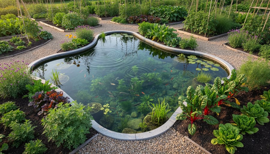 Edible ecosystem teaching garden with a clear pond containing aquatic plants and fish, surrounded by raised beds of leafy greens and herbs.