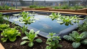 Edible ecosystem teaching garden with a small pond containing aquatic plants next to raised beds of vegetables and herbs.