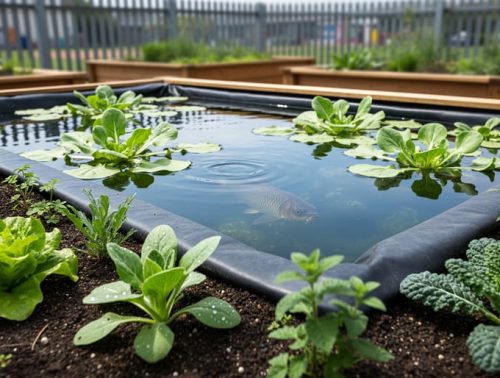 Edible ecosystem teaching garden with a small pond containing aquatic plants next to raised beds of vegetables and herbs.