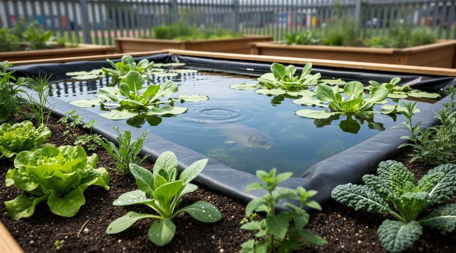 Edible ecosystem teaching garden with a small pond containing aquatic plants next to raised beds of vegetables and herbs.