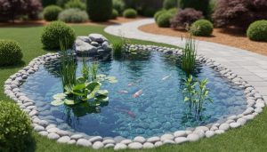 Elegant backyard koi pond with clear water, smooth stone edging, and neatly arranged aquatic plants in a manicured garden setting.