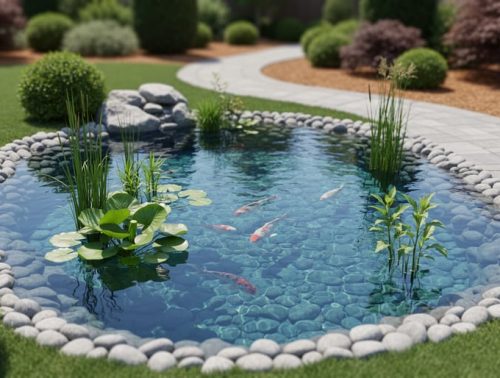 Elegant backyard koi pond with clear water, smooth stone edging, and neatly arranged aquatic plants in a manicured garden setting.