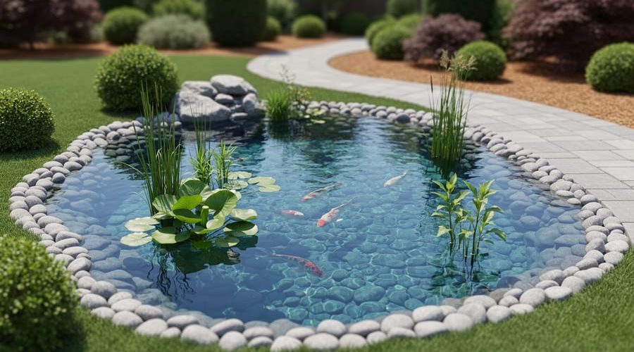 Elegant backyard koi pond with clear water, smooth stone edging, and neatly arranged aquatic plants in a manicured garden setting.