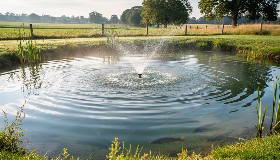 Farm pond surface with visible aeration bubbling and gentle ripples near the shore