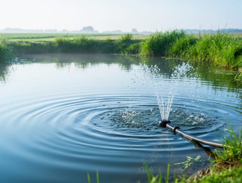 Early morning view of a farm pond with aeration diffuser bubbles rising and gentle ripples indicating water circulation.