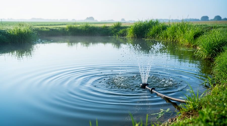 Early morning view of a farm pond with aeration diffuser bubbles rising and gentle ripples indicating water circulation.