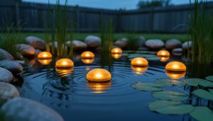 Warm amber floating pond lights glow on a backyard water garden at dusk, illuminating lily pads and creating soft reflections on the pond surface.