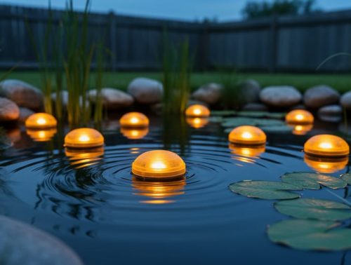 Warm amber floating pond lights glow on a backyard water garden at dusk, illuminating lily pads and creating soft reflections on the pond surface.