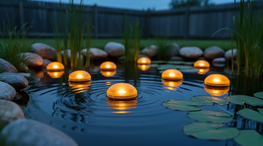 Warm amber floating pond lights glow on a backyard water garden at dusk, illuminating lily pads and creating soft reflections on the pond surface.