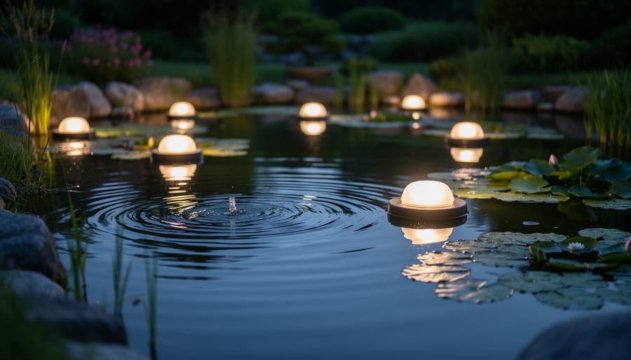 Backyard pond at dusk with floating pond lights glowing on the water surface and warm reflections on ripples.