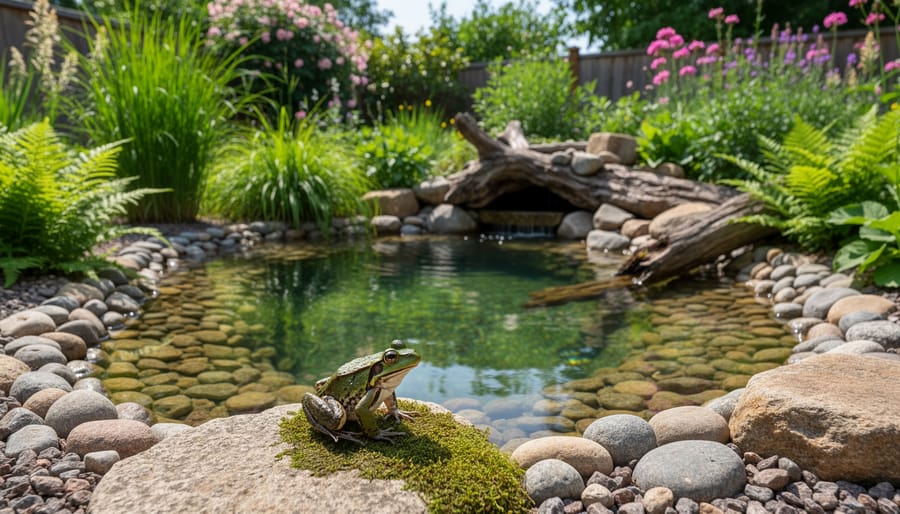 A small frog perched on a rock at the edge of a water garden pond near native marginal plants.