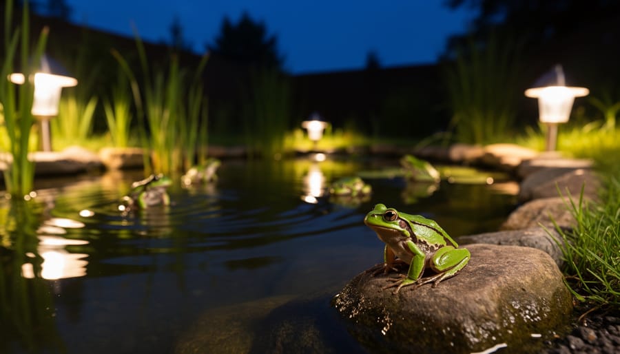 Frog sitting at the edge of a pond illuminated by warm floating lights at night.