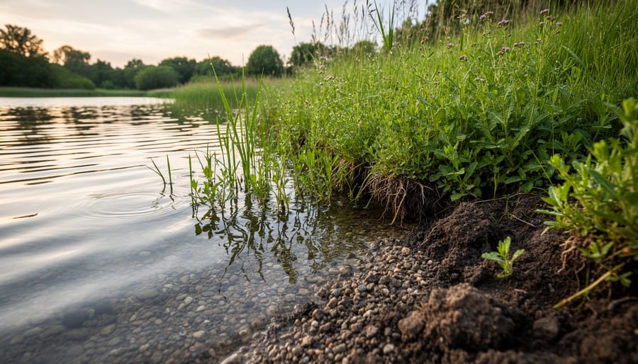 A garden pond shoreline showing shallow edge water with marginal plants growing where the pond meets dark soil