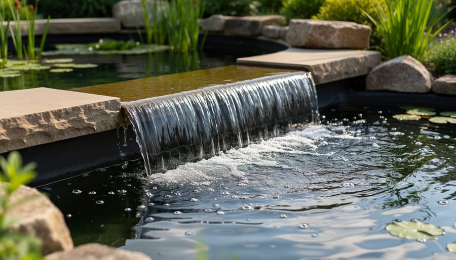 Garden pond overflow water feature spilling water over a stone edge into a catch basin with surrounding plants