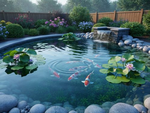 “Clear backyard garden pond with lily pads and koi fish, calm ripples, and stones along the water’s edge at dawn with blurred greenery in the background.”